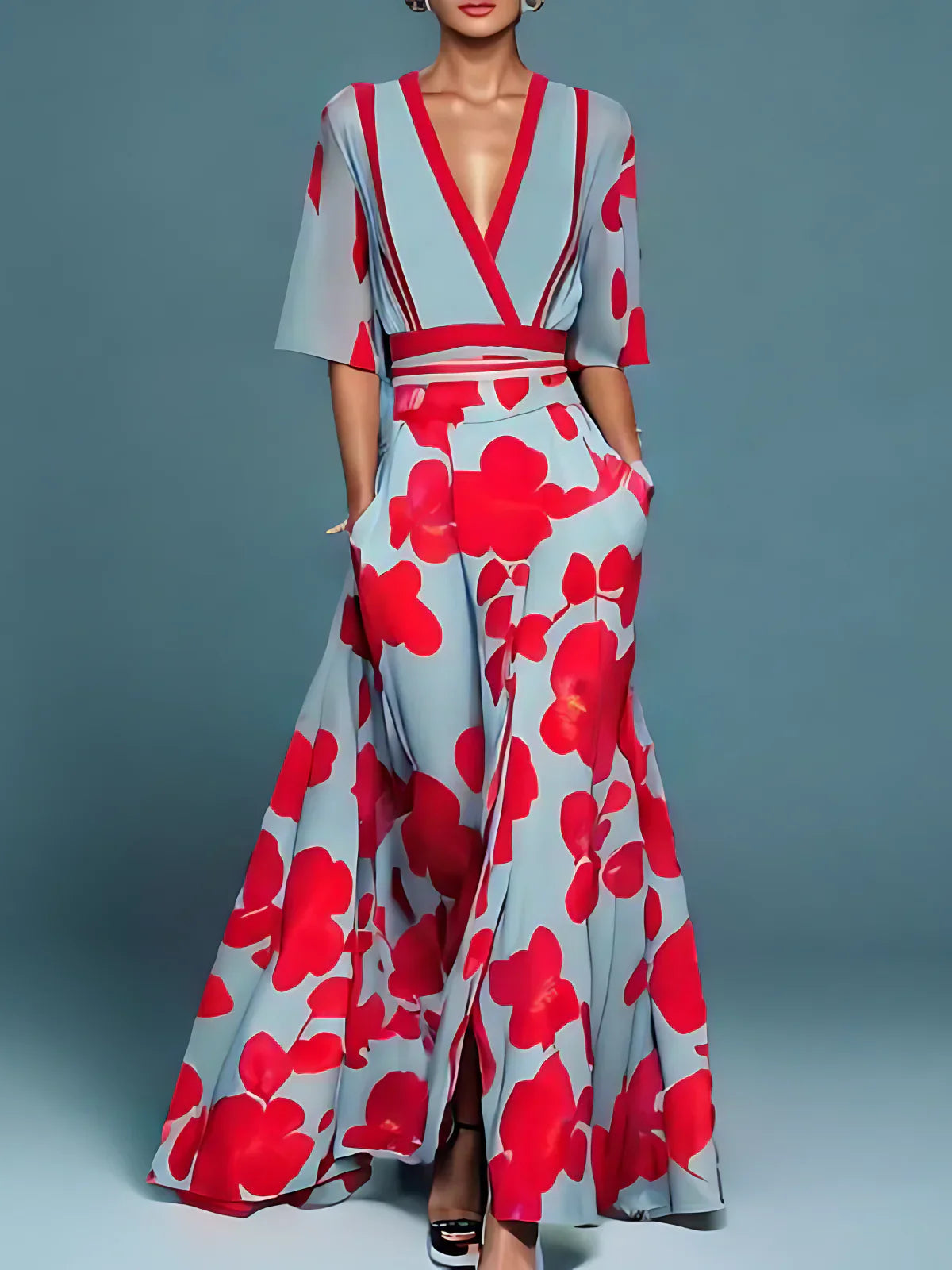 ELEGANT MAXI FLORAL DRESS WITH DEEP V NECK FOR WOMEN