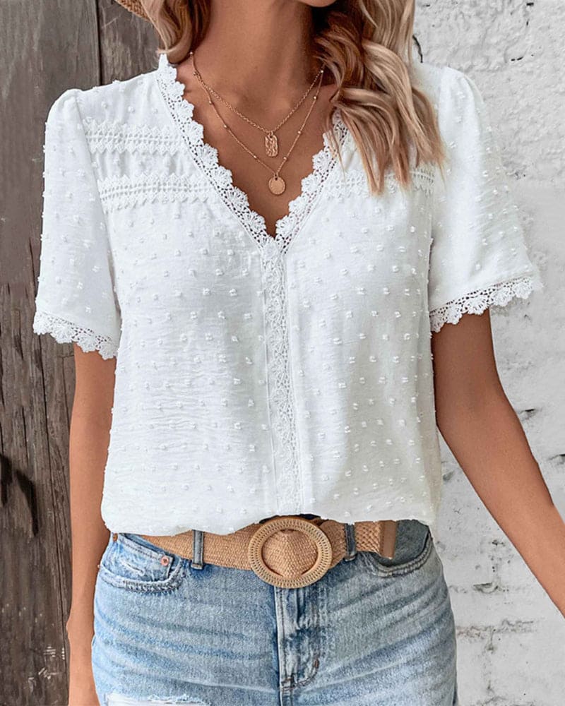 Women's Summer Blouse With V-neck And Lace Trim