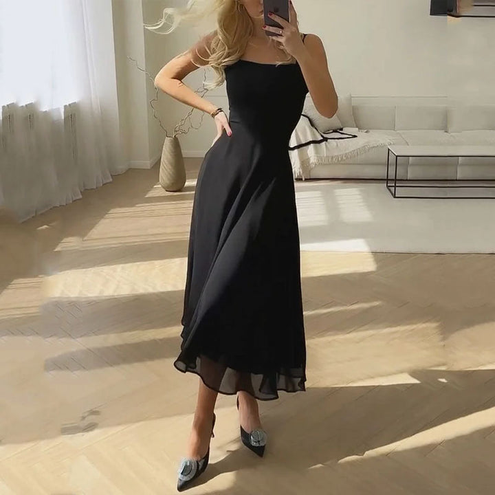 Women's Summer Midi Dress with Square Neckline & Sleeveless Design