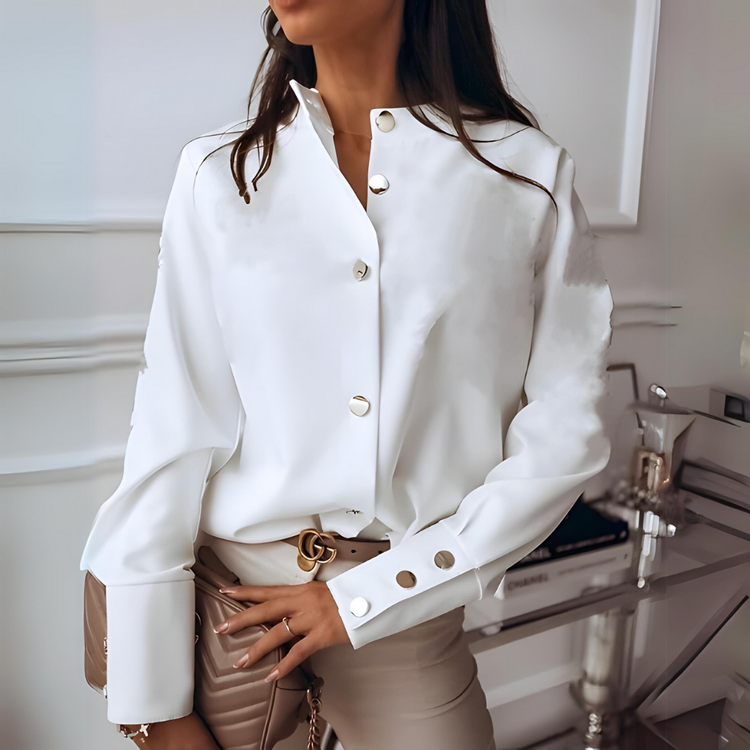 Women's Long Sleeve Blouse With Button Front & Stand Collar