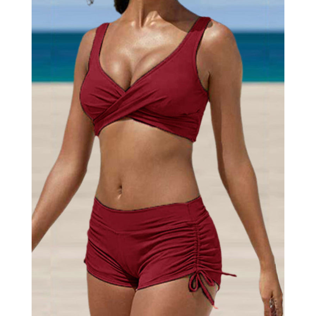 Women's Two-piece Bikini Set With Crossed Top And Ruched Shorts