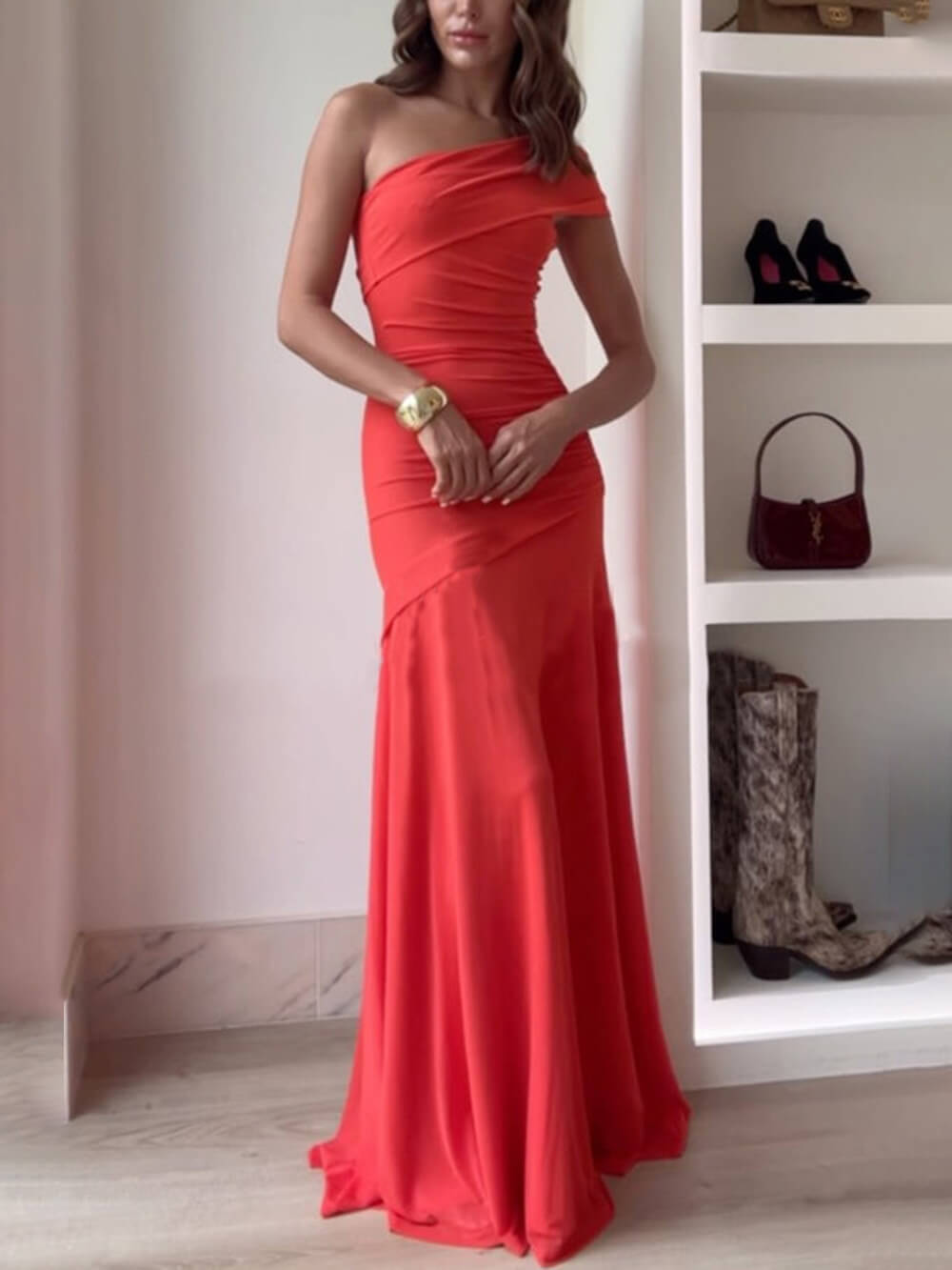 OFF-SHOULDER PLEATED LONG DRESS