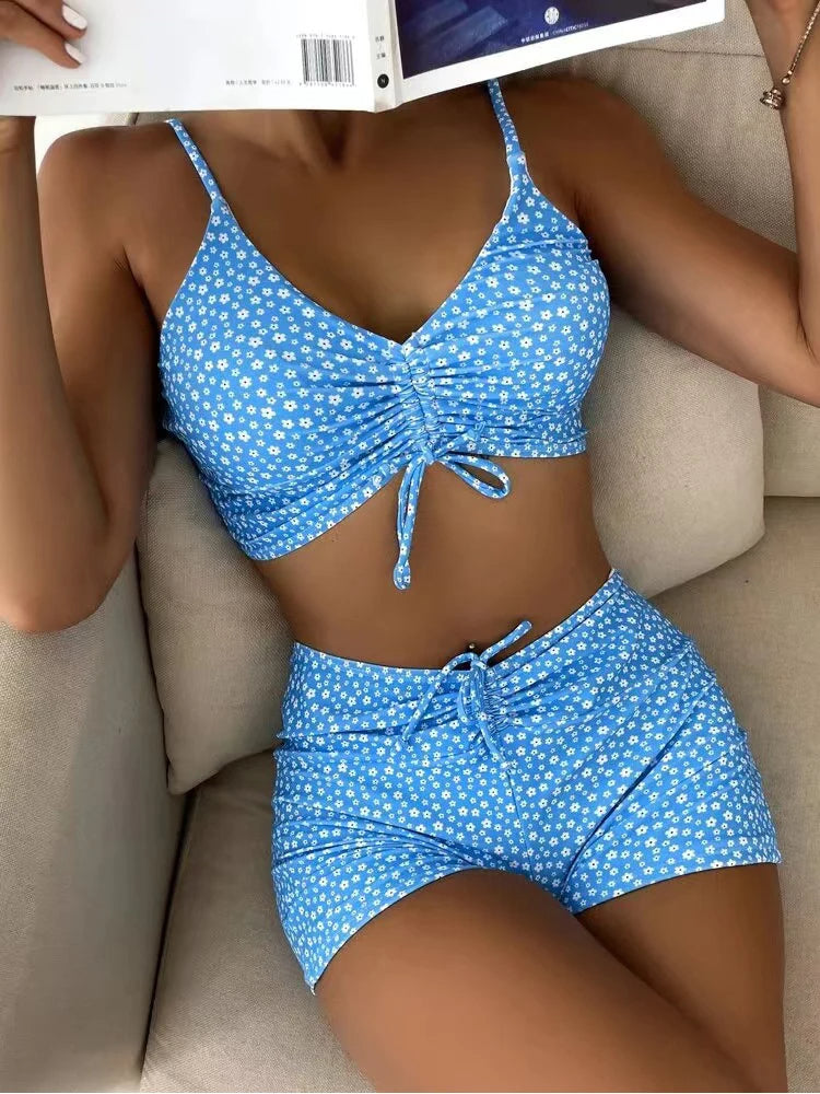Women's Floral High-waisted Bikini Set With Ruched Top