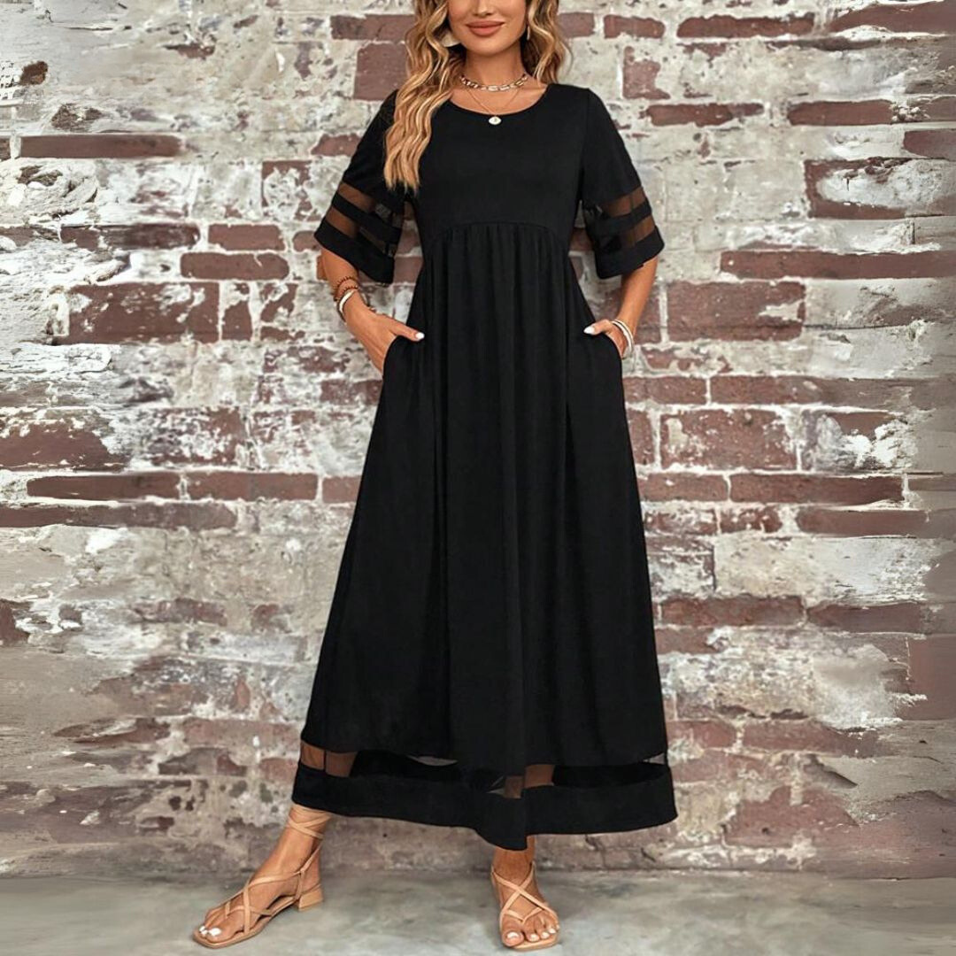 Women's Maxi Dress With Sheer Panel Sleeves & Round Neck