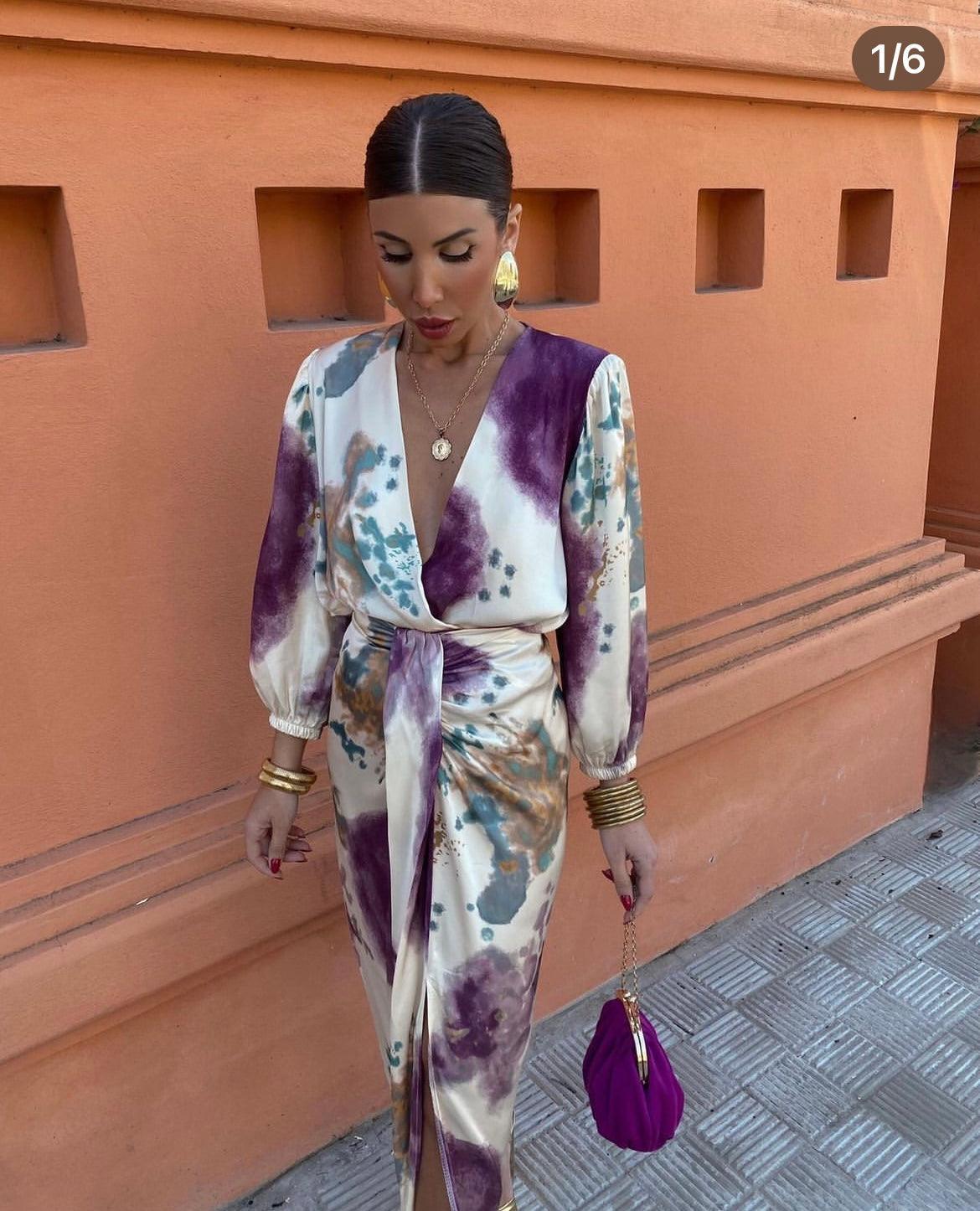 LUXE SATIN SPLASH-DESIGN LONG DRESS