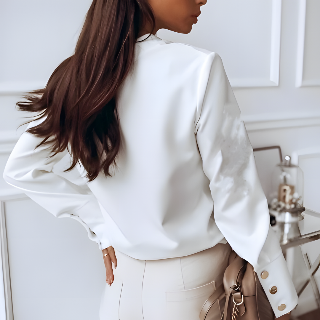 Women's Long Sleeve Blouse With Button Front & Stand Collar
