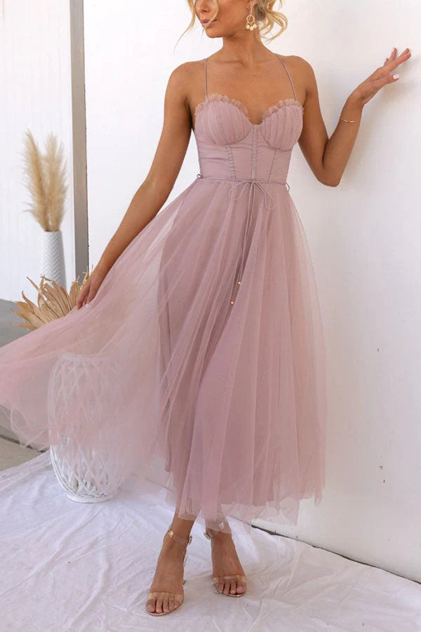 Women's Corset Midi Dress With Tulle Skirt & Spaghetti Straps