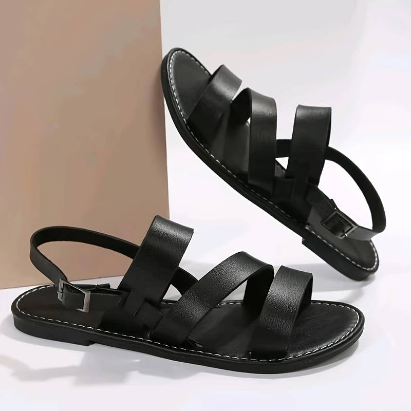Women's Summer Leather Flat Sandals with Three Straps Style