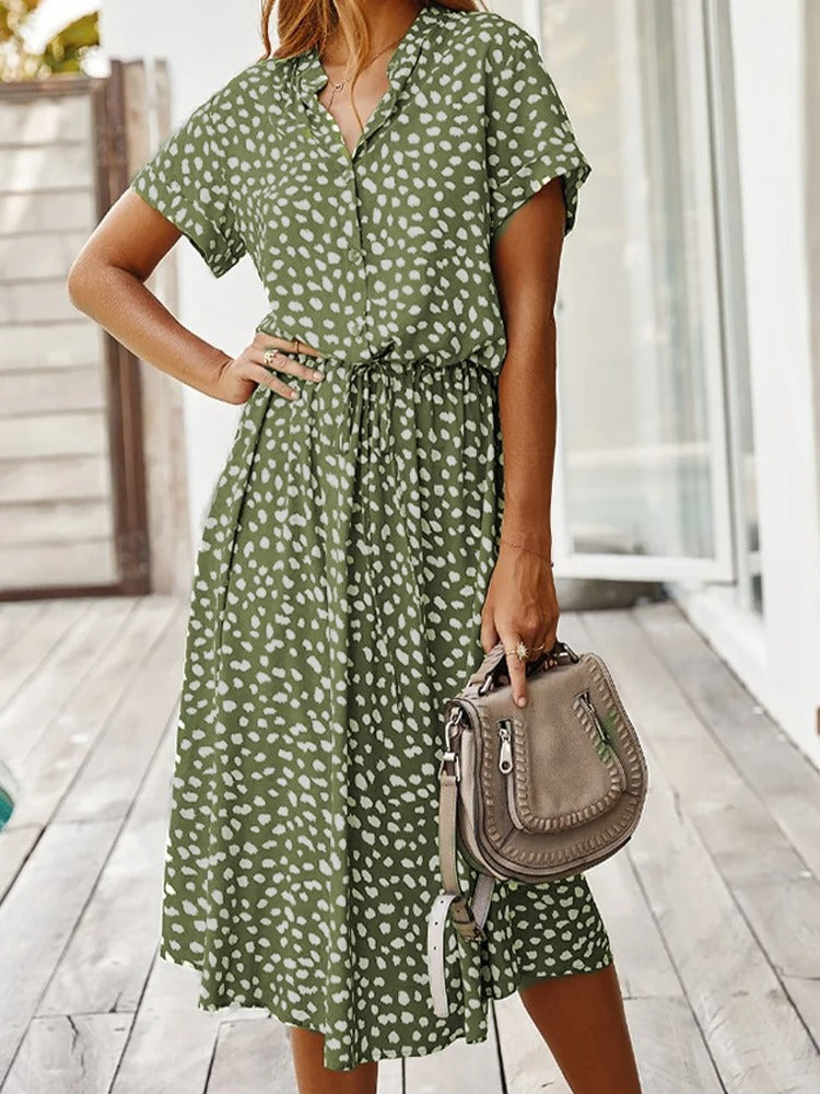 Women's Printed Button-down Midi Dress With Short Sleeves And Drawstring Waist