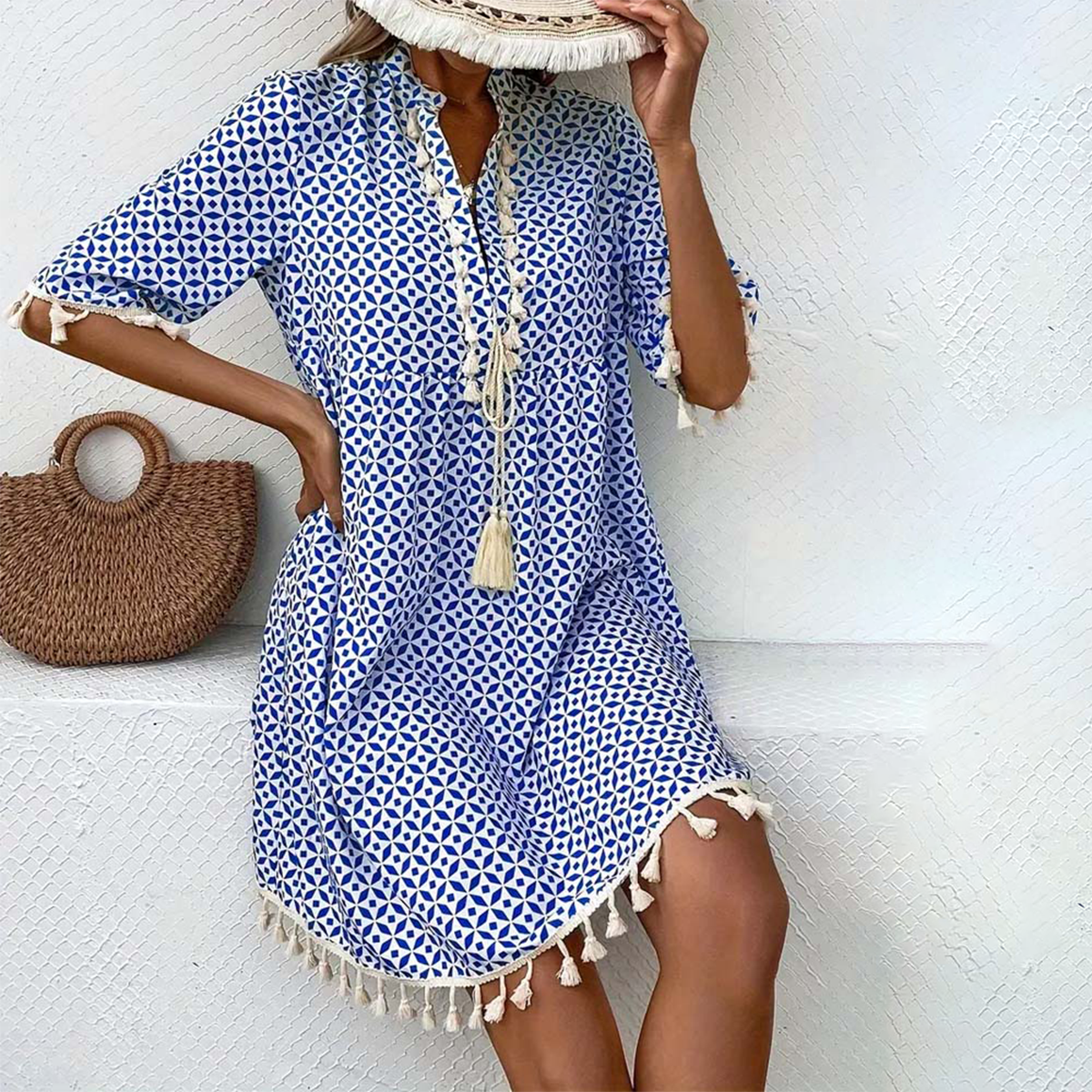Women's Summer Printed Mini Dress with Tassels & Short Sleeves
