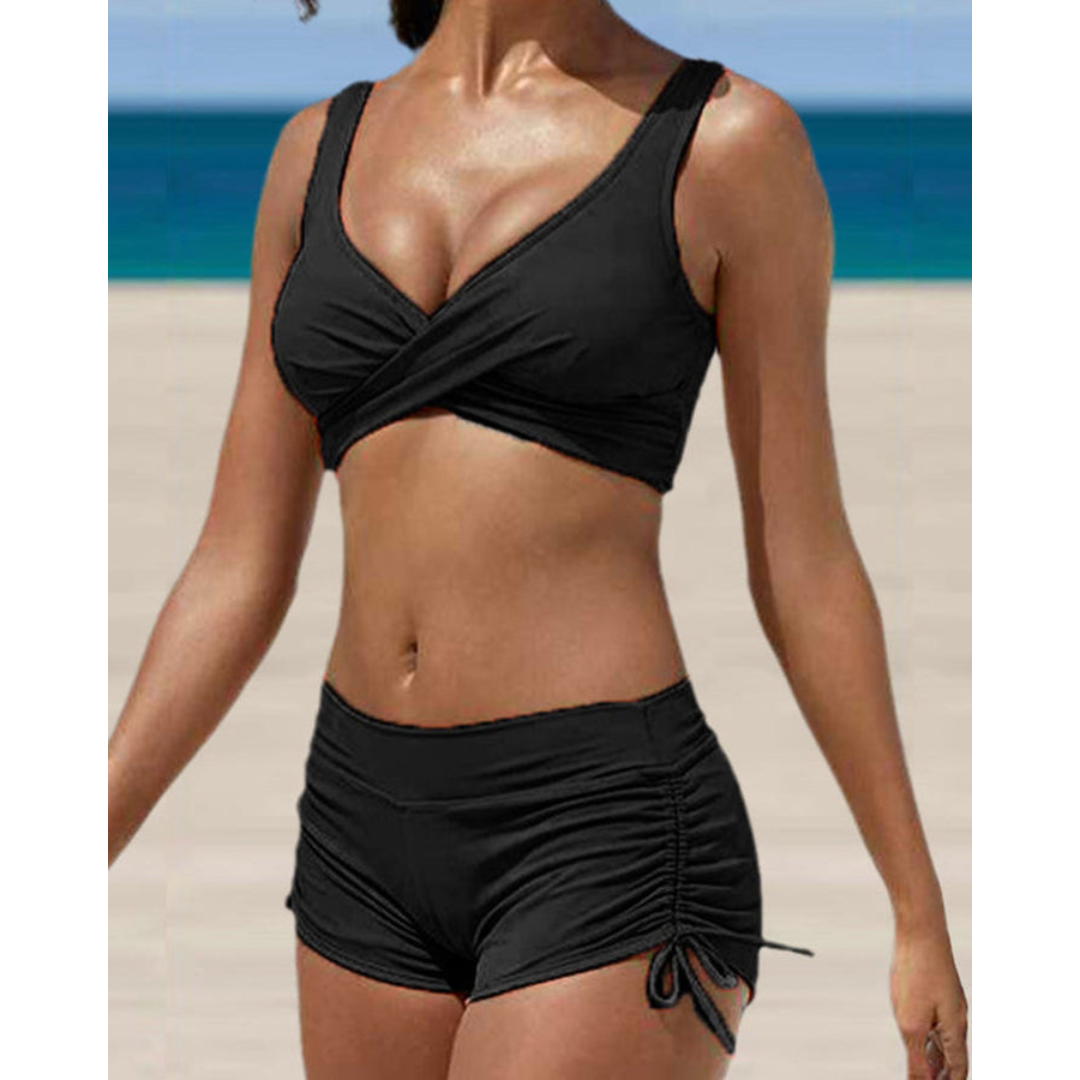 Women's Two-piece Bikini Set With Crossed Top And Ruched Shorts