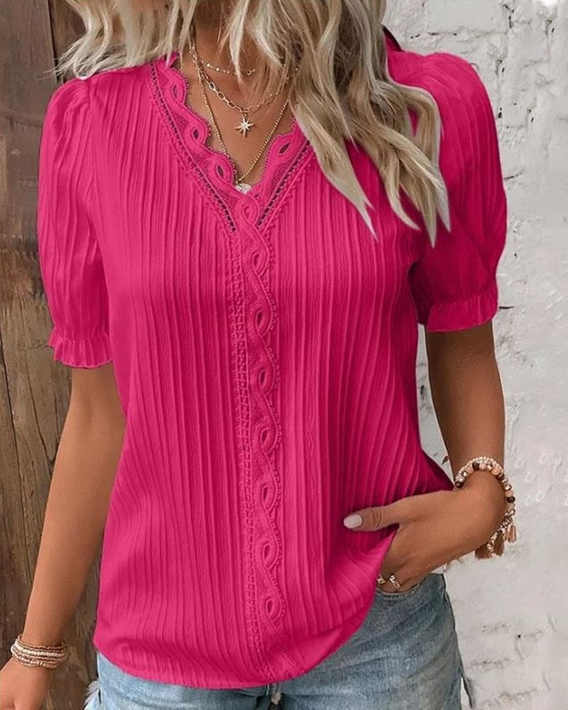 Women's Lace V-neck Blouse With Short Sleeves