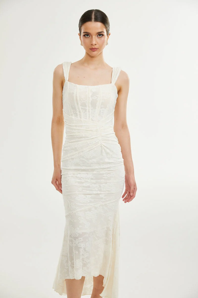 WOMEN'S LACE MAXI DRESS WITH CORSET BODICE AND SQUARE NECKLINE