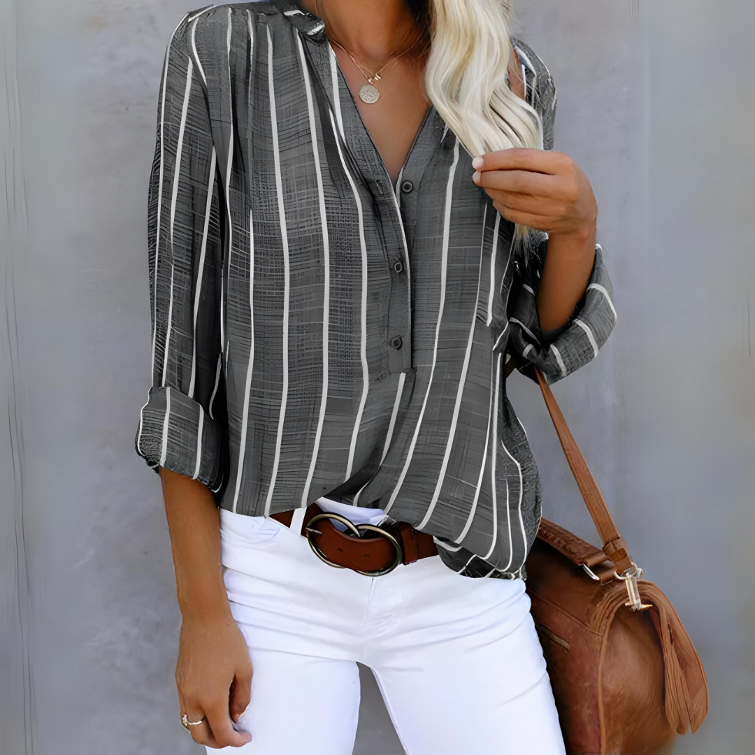 Women's Striped Blouse With Long Sleeves And V-neck