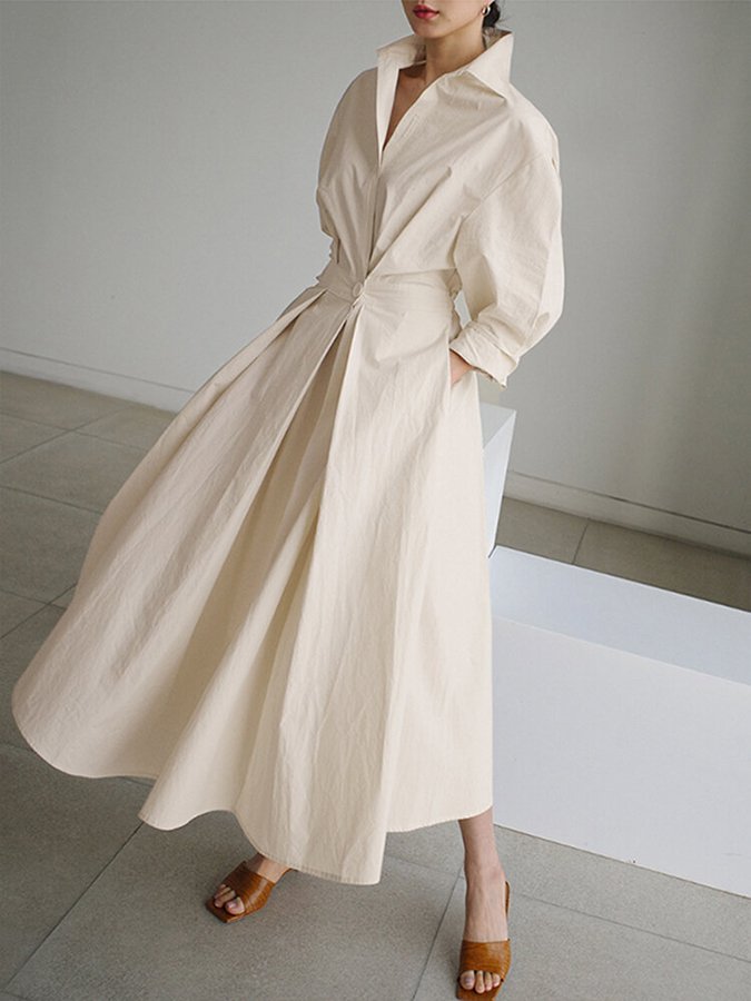 Women's Long Sleeve Shirt Dress With Collar And Tied Waist