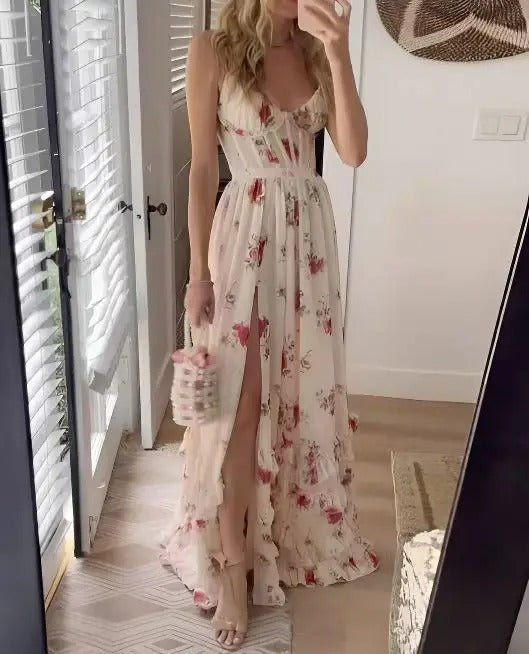 Women's Floral Chiffon Maxi Dress With Front Slit