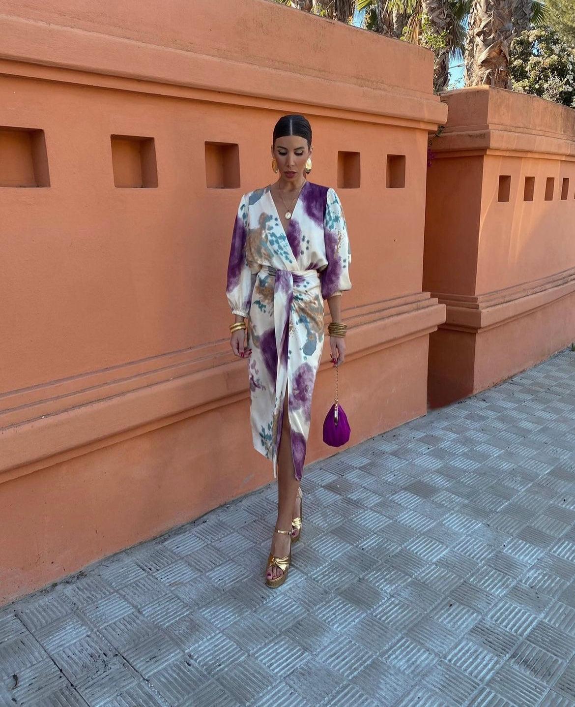 LUXE SATIN SPLASH-DESIGN LONG DRESS