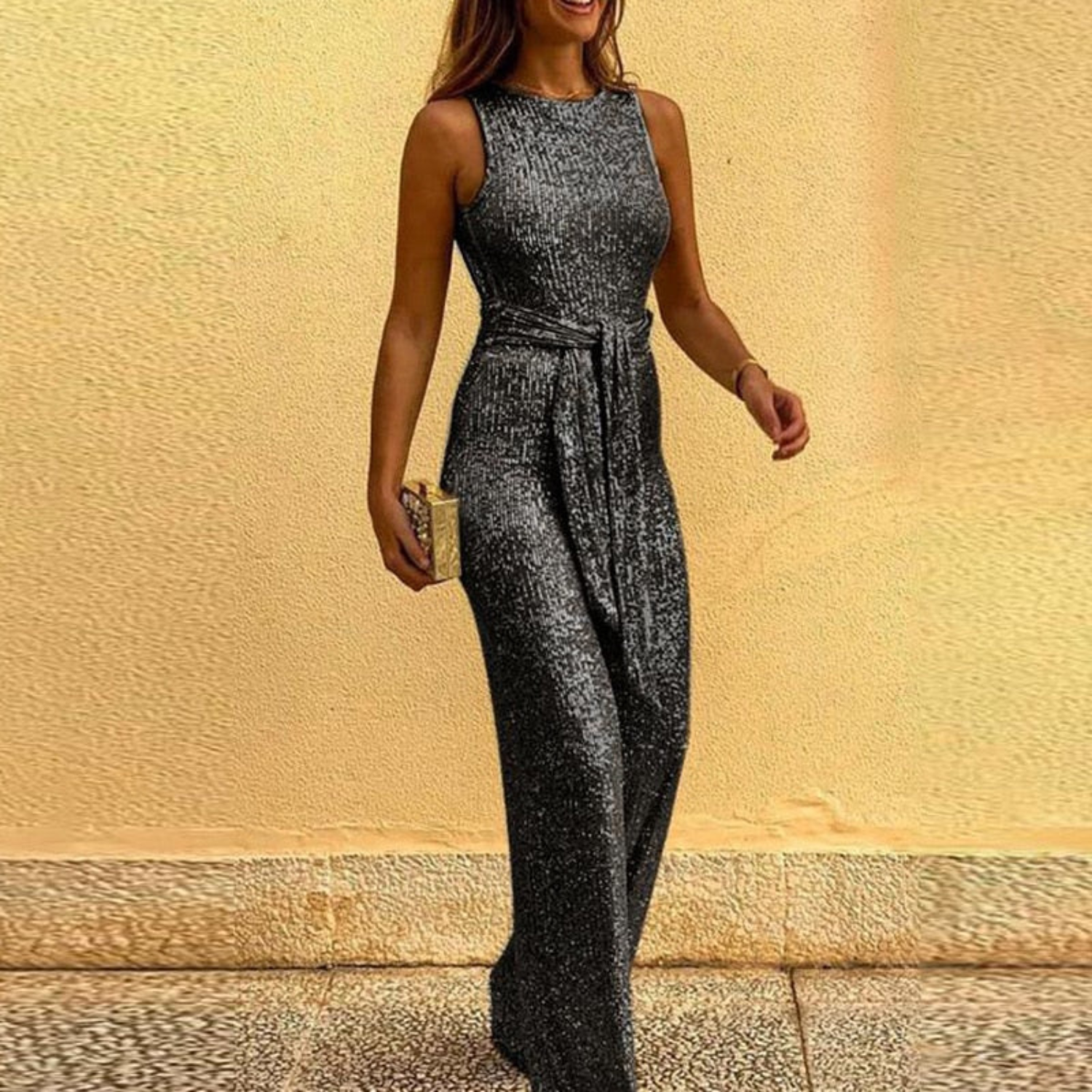 WOMEN'S SEQUIN SLEEVELESS JUMPSUIT WITH TIE WAIST