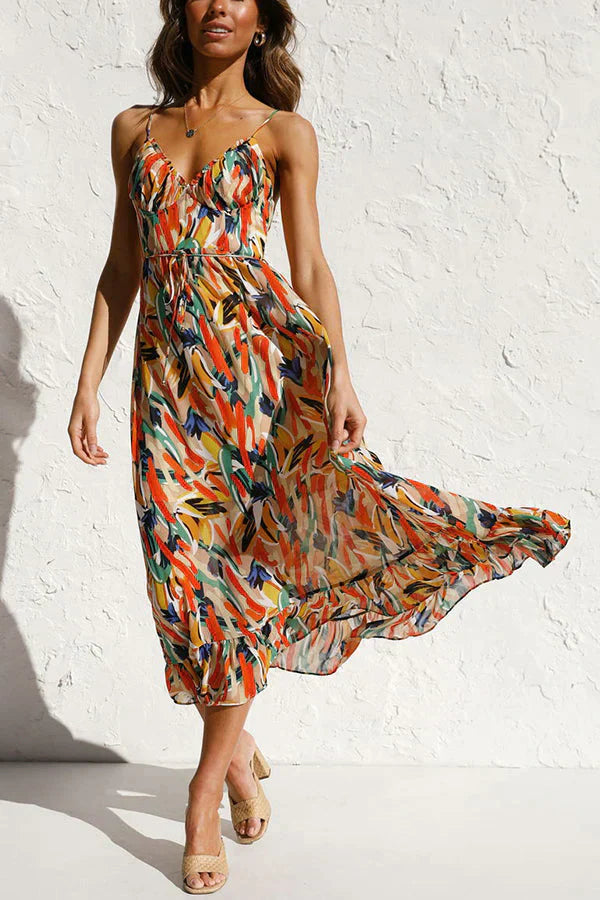 WOMEN'S MIDI SUMMER DRESS – LIGHTWEIGHT CHIFFON, RELAXED FIT, V-NECK WITH PRINT