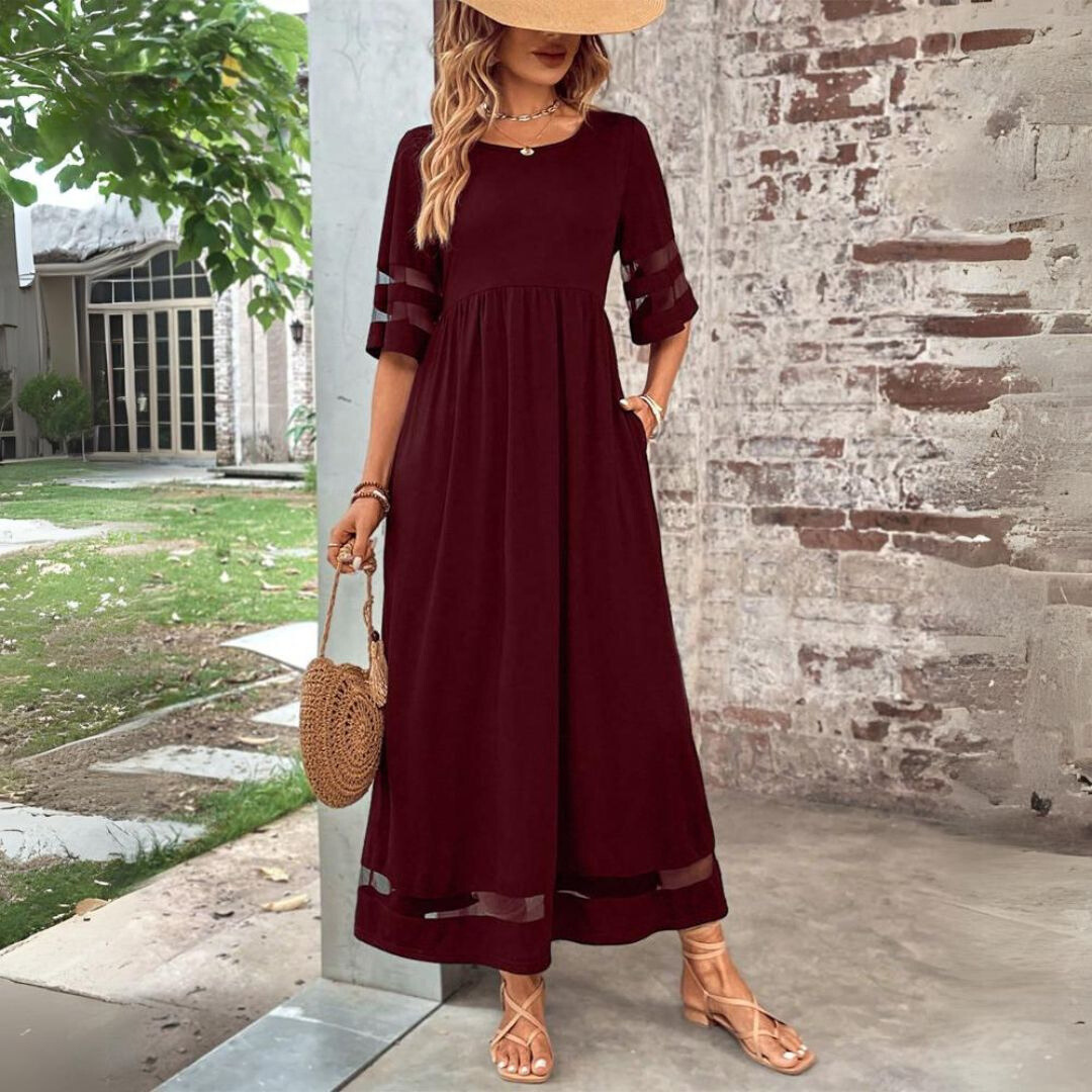 Women's Maxi Dress With Sheer Panel Sleeves & Round Neck