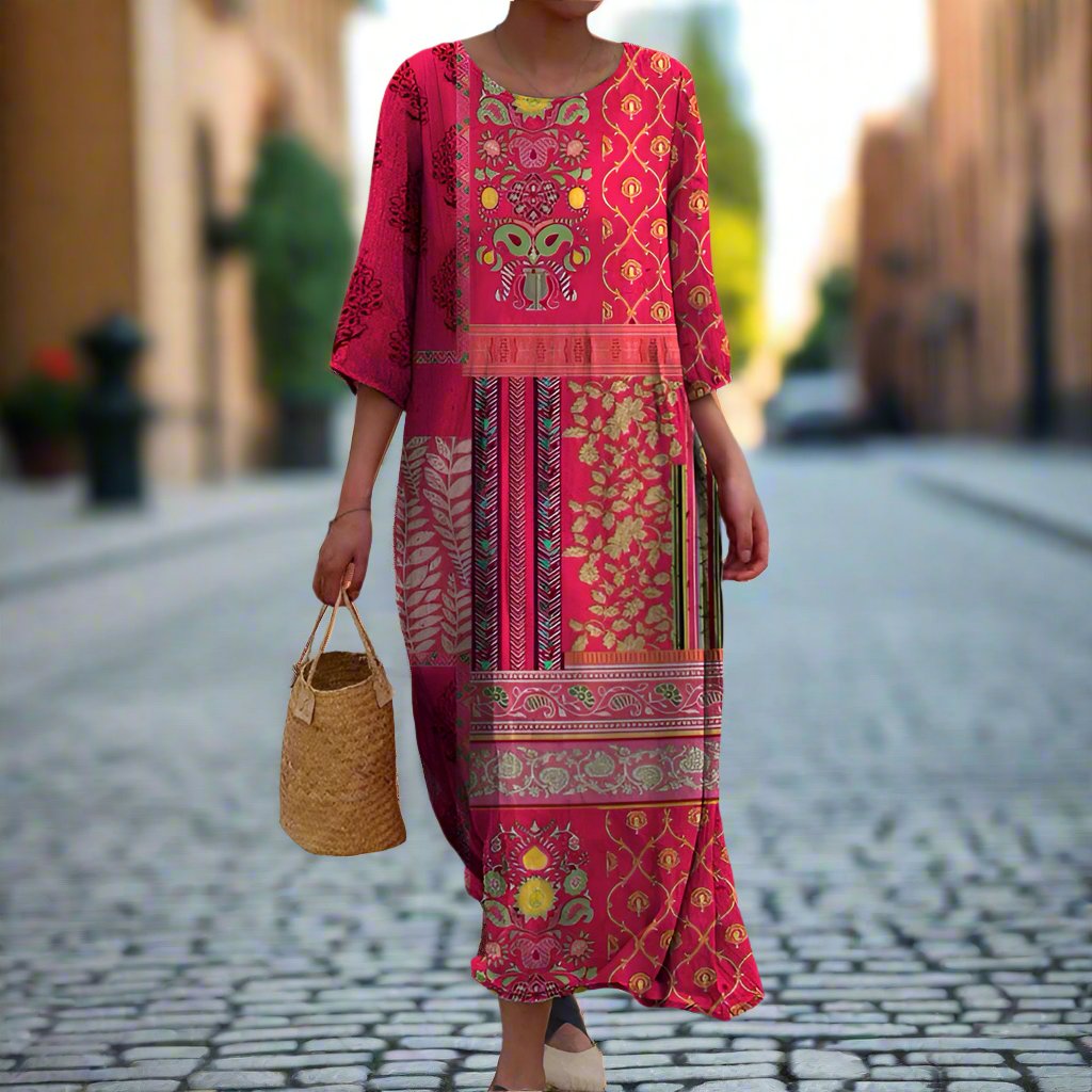 WOMEN'S BOHO KAFTAN MAXI DRESS WITH ROUND NECK AND 3/4 SLEEVES