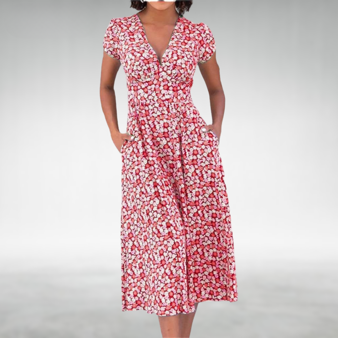Women's Floral Summer Midi Dress With V-neck And Short Sleeves