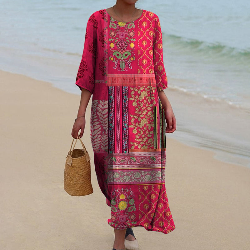 WOMEN'S BOHO KAFTAN MAXI DRESS WITH ROUND NECK AND 3/4 SLEEVES