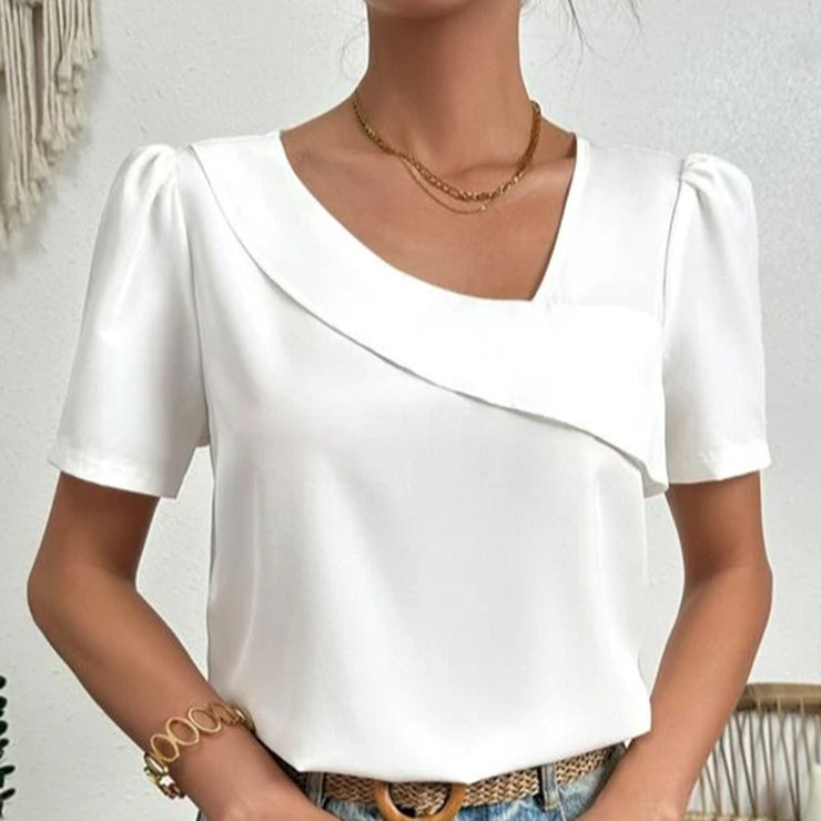Women's Casual Blouse With Asymmetric Neckline & Short Sleeves