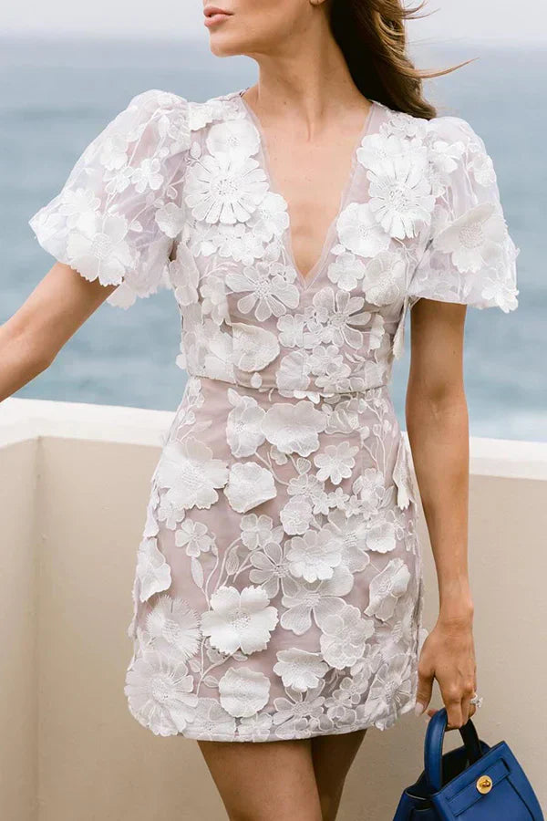 Women's Floral Embroidered Mini Dress With V-neck & Puff Sleeves