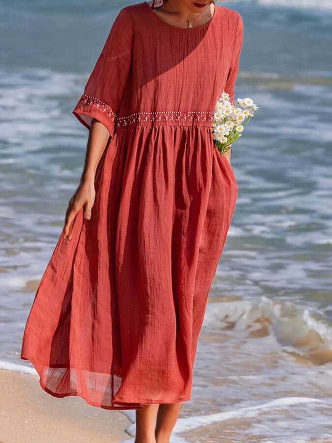 Women's Boho Midi Dress With Half Sleeves & Embroidered Detail
