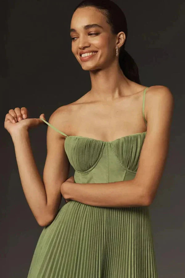 Women's Pleated Midi Dress With Spaghetti Straps And Fitted Bodice