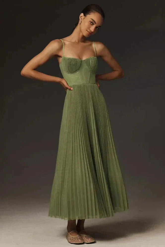 Women's Pleated Midi Dress With Spaghetti Straps And Fitted Bodice