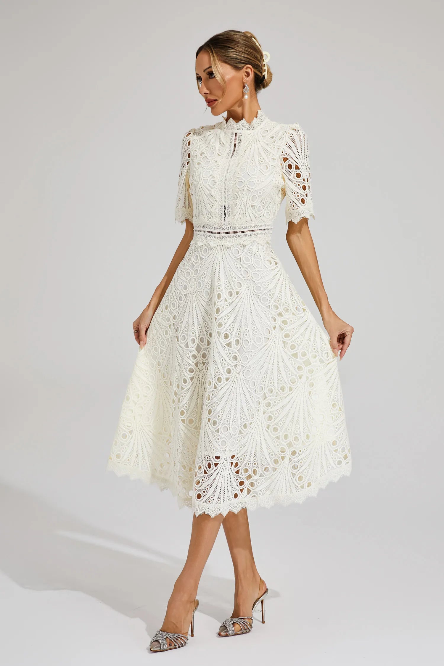 Women's Lace Midi Dress With High Neck And Short Sleeves