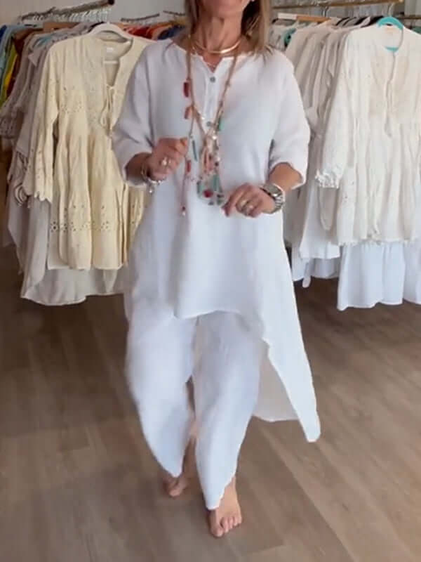 Women's Linen Two-piece Set With Asymmetric Top And Relaxed Trousers
