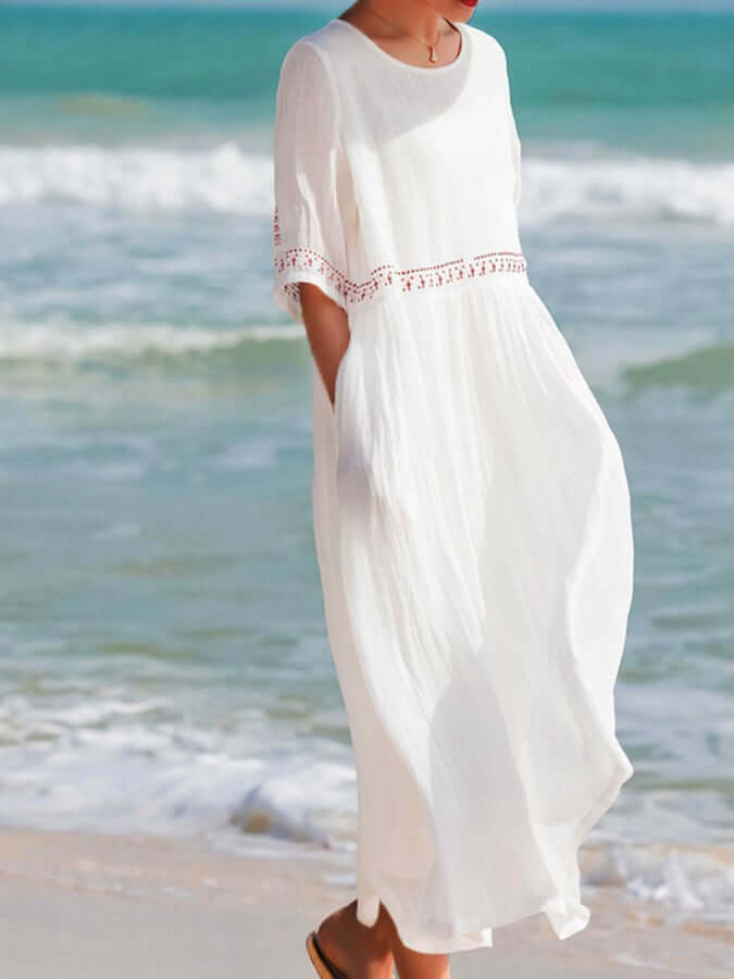 Women's Boho Midi Dress With Half Sleeves & Embroidered Detail