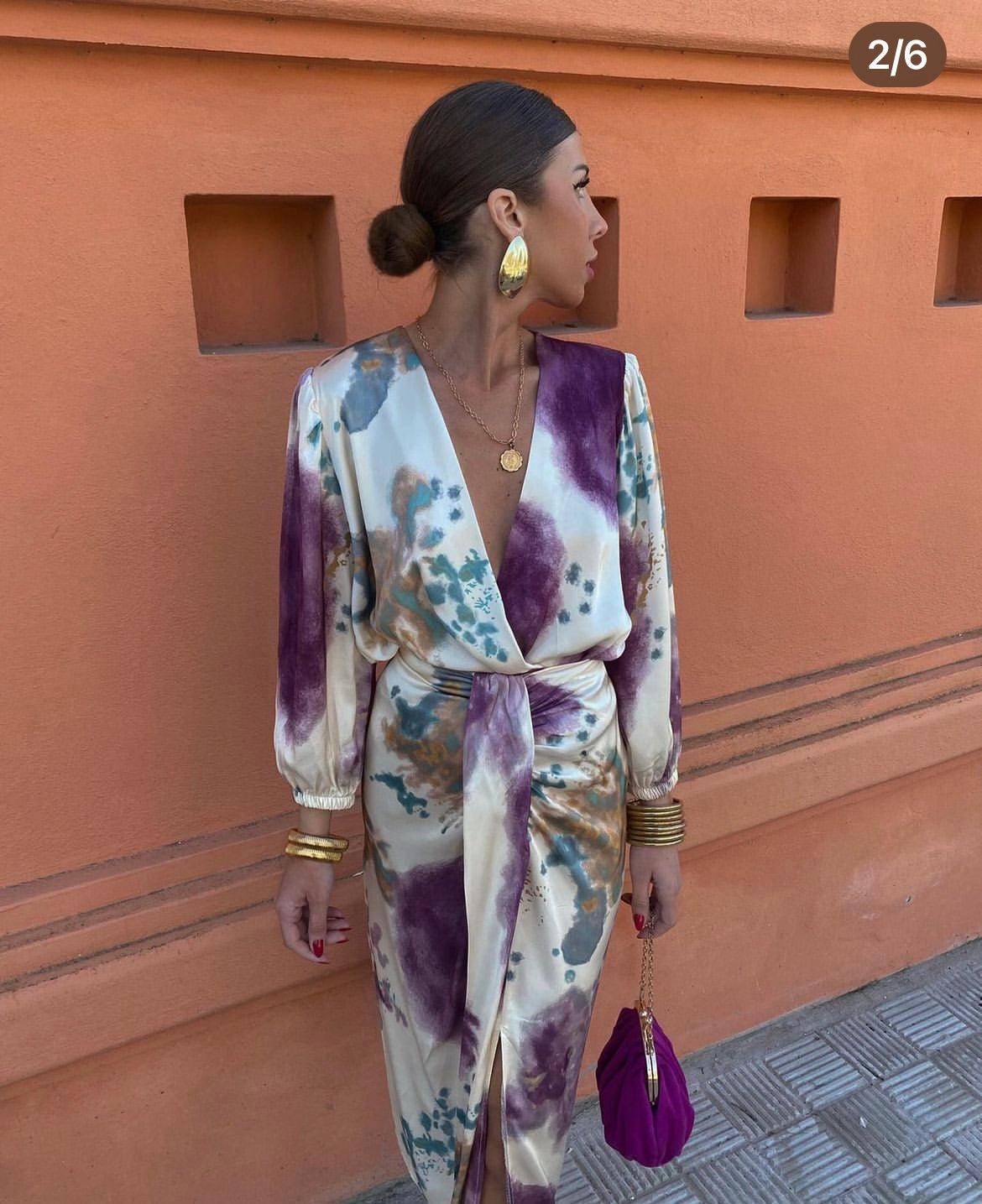 LUXE SATIN SPLASH-DESIGN LONG DRESS