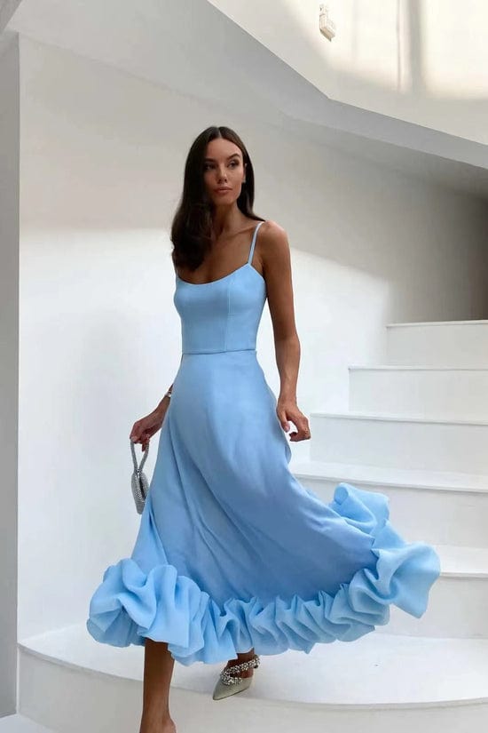 Women's Formal Midi Dress With Spaghetti Straps & Ruffled Hem