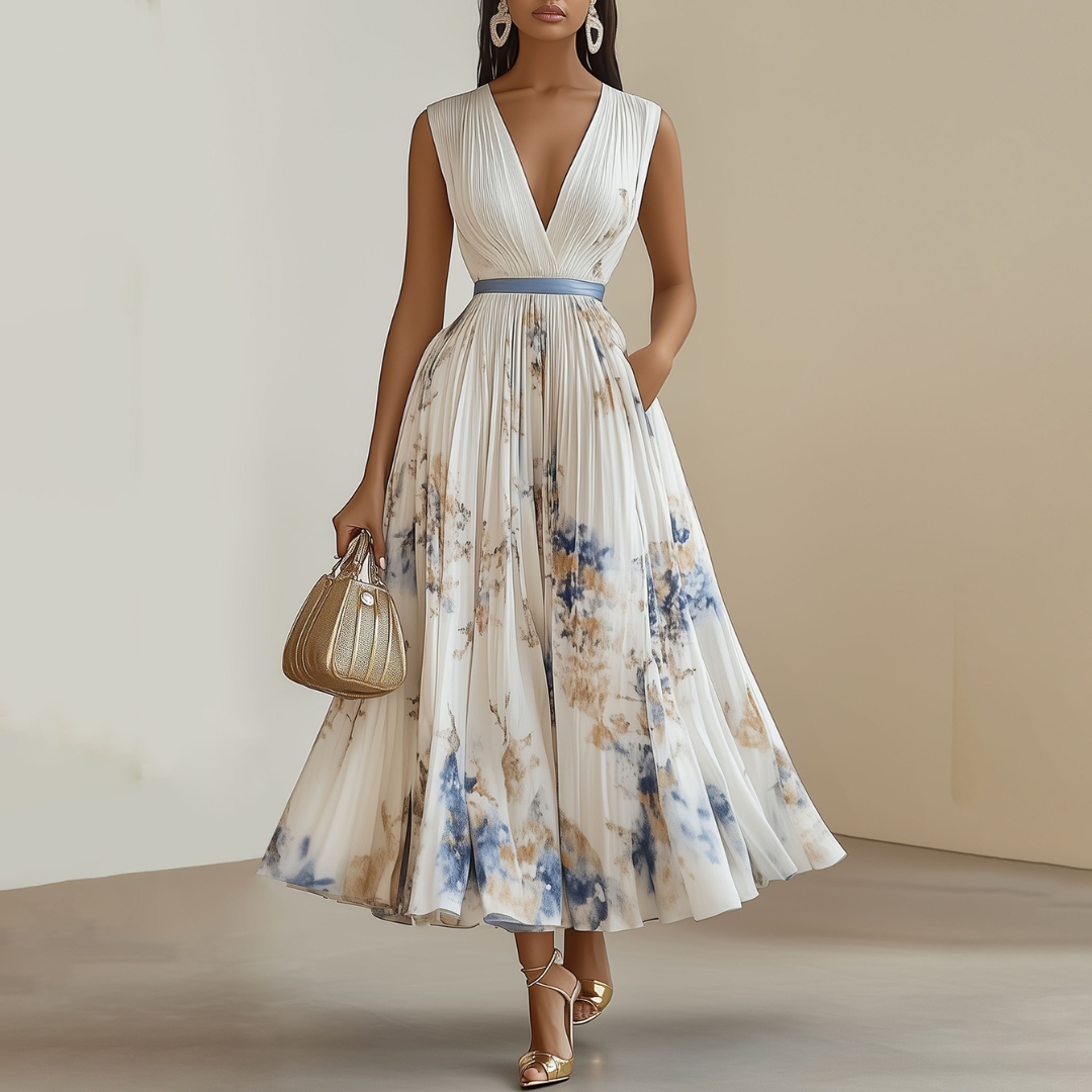 Women's Floral Pleated Maxi Dress With V-neck And Sleeveless Design