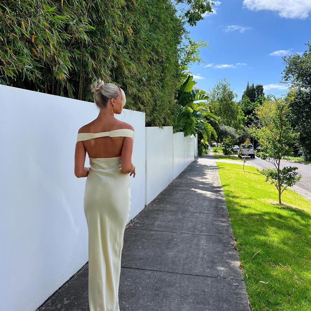 OFF-SHOULDER SATIN WEDDING GUEST MAXI DRESS WITH OPEN BACK