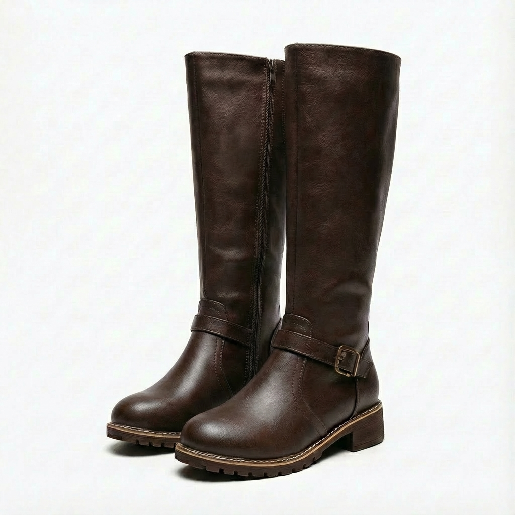 Angela | Women's Block Heel Buckle Knee High Boots