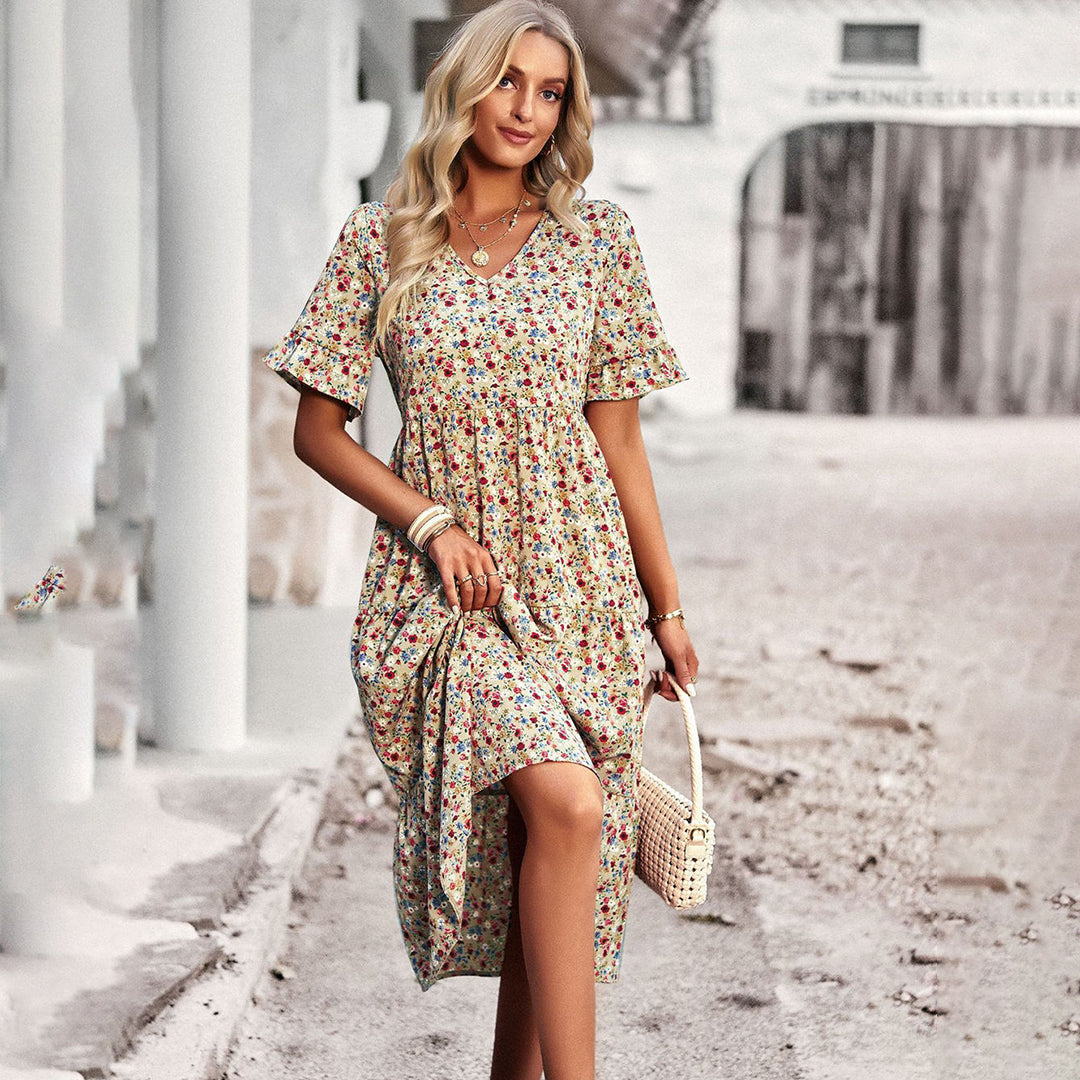 Women's Floral Midi Dress With V-neck & Short Sleeves