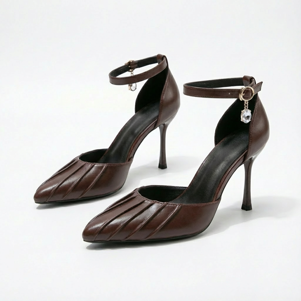 Ava | Women's Ankle Strap Heels With Burgundy Tone And Pleated Detail | Elegant