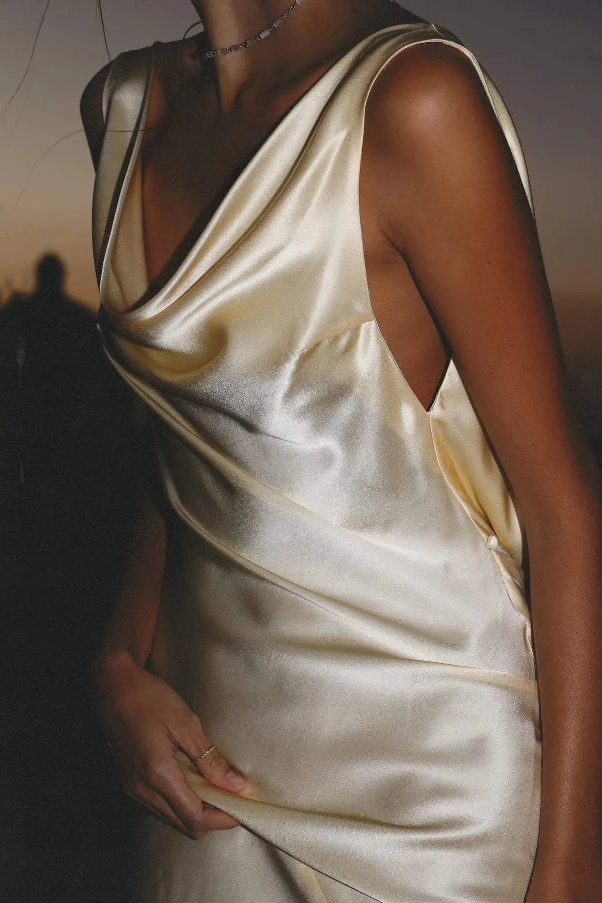 Women's Backless Satin Maxi Dress With Draped Neckline
