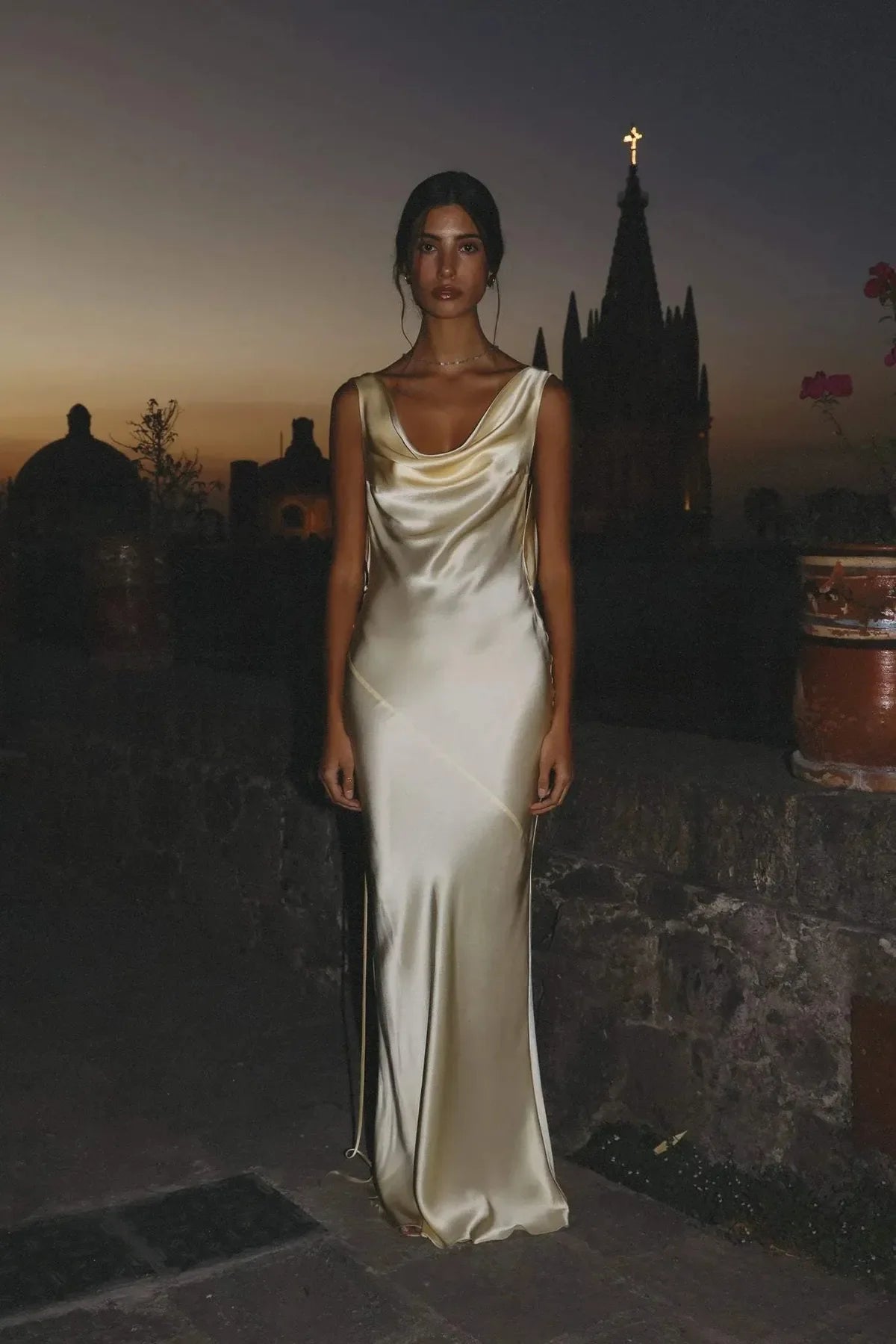 Women's Backless Satin Maxi Dress With Draped Neckline
