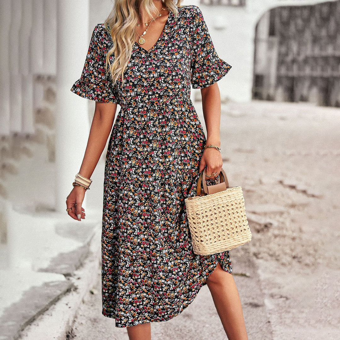 Women's Floral Midi Dress With V-neck & Short Sleeves