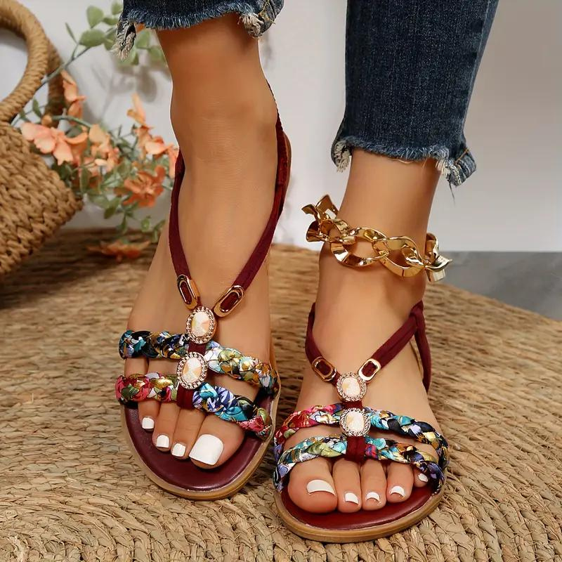 Women's Summer Sandals With Braided Straps & Gem Detail