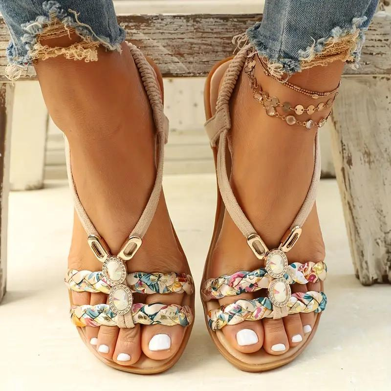 Women's Summer Sandals With Braided Straps & Gem Detail