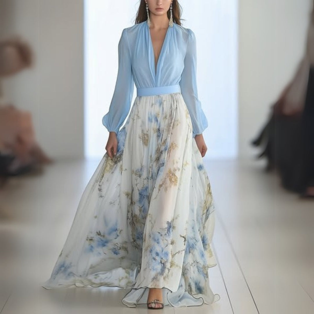 Women's Floral Maxi Dress With V-neck And Long Sleeves