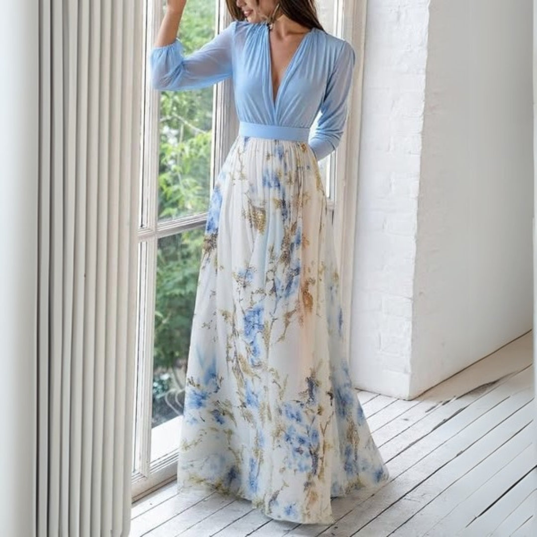 Women's Floral Maxi Dress With V-neck And Long Sleeves