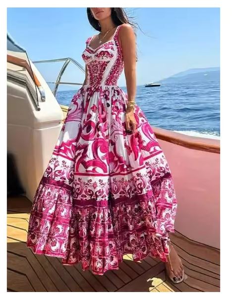 WOMEN'S PRINTED MIDI DRESS WITH SQUARE NECK AND SPAGHETTI STRAPS